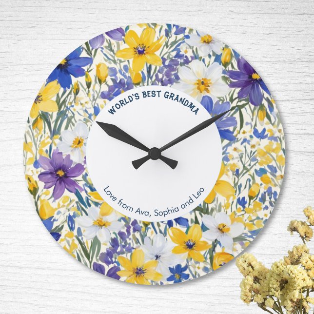 Reloj Redondo Grande La mejor Bonito floral del mundo personalizada (A customisable wall clock with 'World's Best Grandma' caption and pretty Spring floral design)