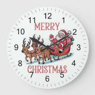Reloj Redondo Grande La moda Feliz Navidad Santa Sleigh Reindeer