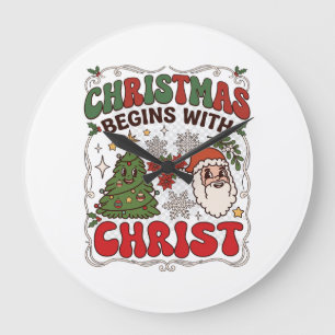 Reloj Redondo Grande La Navidad Comienza Cristo Papá Noel Árbol Copo de