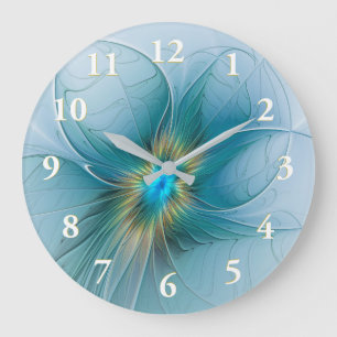 Reloj Redondo Grande La pequeña Flor Fractal Azul Oro Moderna y Bella