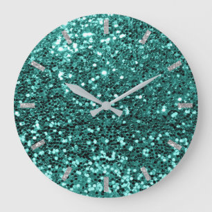 Reloj Redondo Grande La vegetación Verde azulada Aqua Sparkly Faux Pur