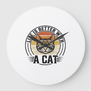 Reloj Redondo Grande La vida es mejor con un gato Diseño de camiseta vi