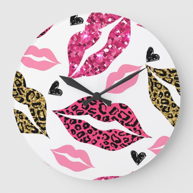 Reloj Redondo Grande Labios brillantes: Patrón de moda Leopard (Anverso)