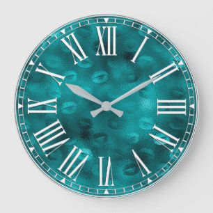 Reloj Redondo Grande Labios con Patrón de Brillo Glam de Tonos Teal