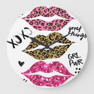 Reloj Redondo Grande Labios de purpurina: Impresión de leopardo de moda
