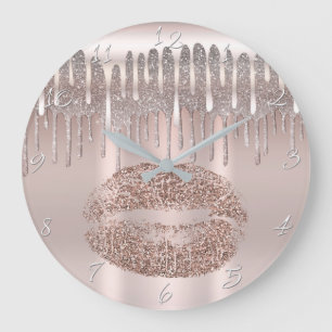 Reloj Redondo Grande Labios de rosa dorado con brillo de diamante gotea