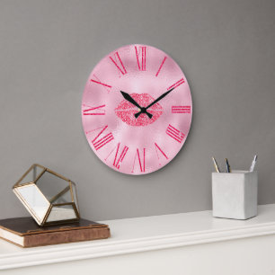 Reloj Redondo Grande Labios Glamurosos de Purpurina Rosa