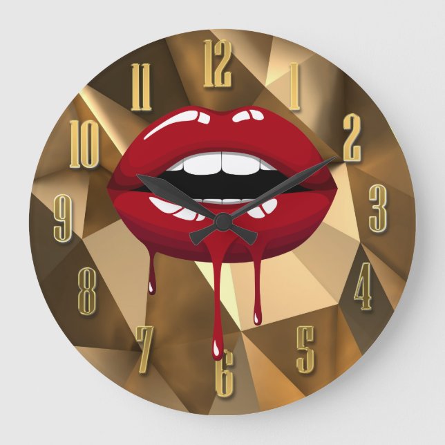Reloj Redondo Grande Labios Goteantes de Lujo Dorado Belleza Glam Rojo  (Anverso)