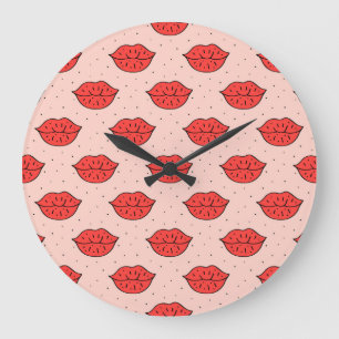 Reloj Redondo Grande labios personalizados: patrón de doodle feminista.