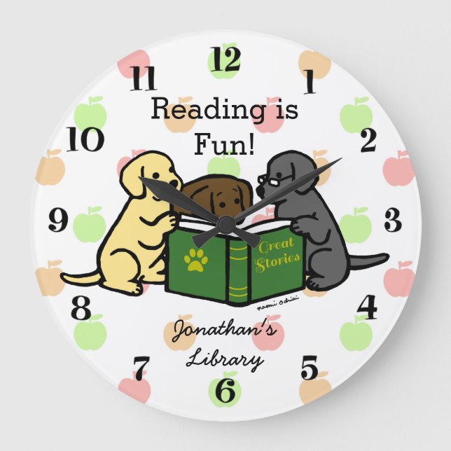 Reloj Redondo Grande Labrador cachorra Personalizado de lectura (Anverso)