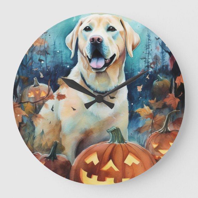 Reloj Redondo Grande Labrador de Halloween con calabazas temerosas (Anverso)