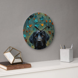Reloj Redondo Grande Labrador negro en hojas