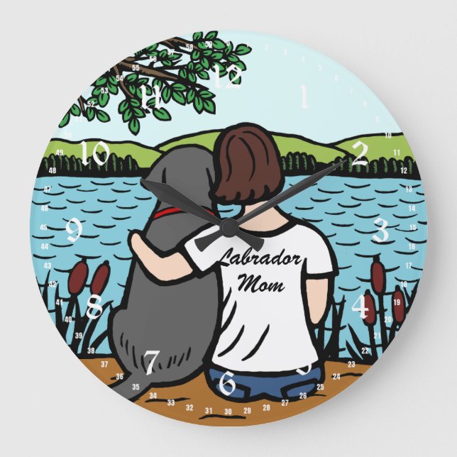 Reloj Redondo Grande Labrador y mamá negros 2 (Anverso)