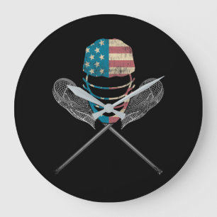 Reloj Redondo Grande Lacrosse Bandera Americana Lax Casco Y Palo