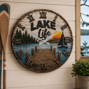 Reloj Redondo Grande Lake Life Rustic Dock Lake House & Cabin Sunset