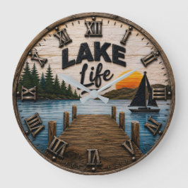 Reloj Redondo Grande Lake Life Rustic Dock Lake House & Cabin Sunset