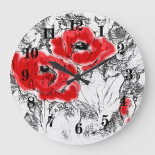 Reloj Redondo Grande Lápiz esquematizado a mano adornos rojos flores fl