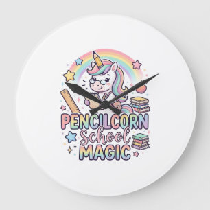 Reloj Redondo Grande Lápiz Unicornio Escuela Magia Adorable Pegatina a