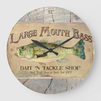 Reloj Redondo Grande Large Mouth Bass Lakeside Fishing Cabin Wood