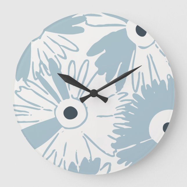Reloj Redondo Grande Large Retro Daisy Flower Power Dusty Sky Blue (Anverso)