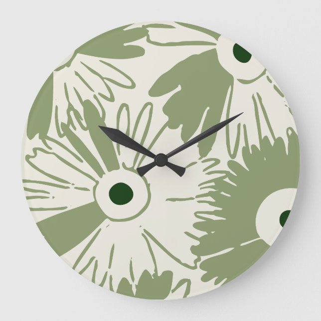 Reloj Redondo Grande Large Retro Daisy Flower Power Olive Green (Anverso)