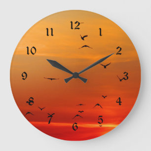 Reloj Redondo Grande Las aves despegan al atardecer, foto pintoresca,