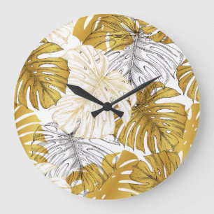 Reloj Redondo Grande Las hojas de Monstera: Blanco dorado