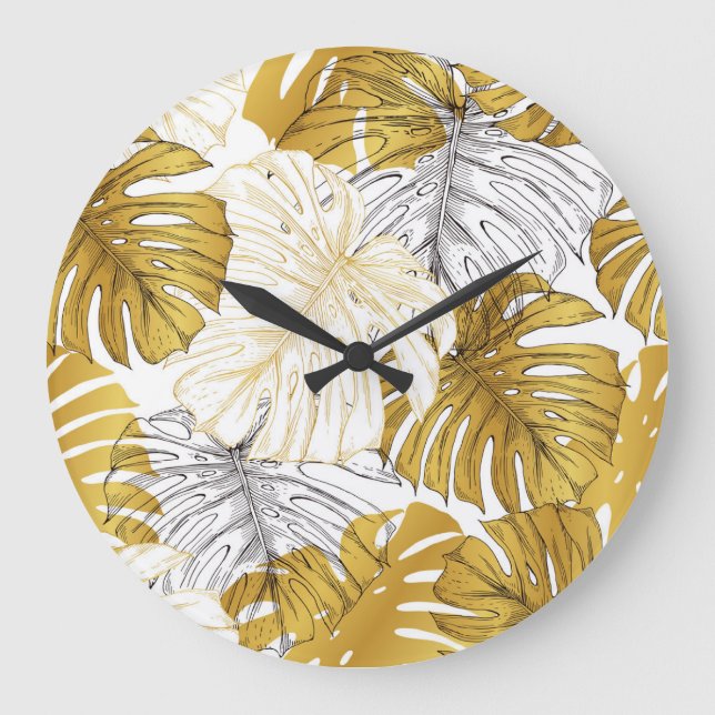 Reloj Redondo Grande Las hojas de Monstera: Blanco dorado (Anverso)