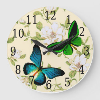 Reloj Redondo Grande Las mariposas azules y verdes en Dogwood florecen