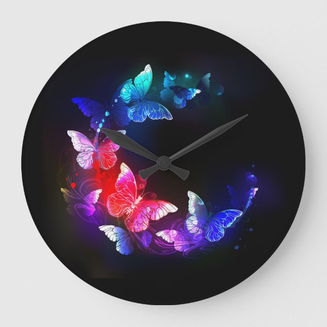 Reloj Redondo Grande Las mariposas nocturnas brillantes de Neon en el f (Anverso)