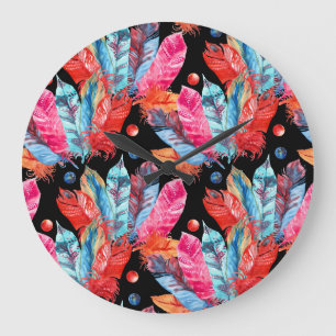 Reloj Redondo Grande Las plumas coloridas, boho, sin costuras, vibrante