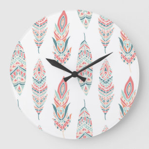 Reloj Redondo Grande Las plumas étnicas dibujan Ilustracion