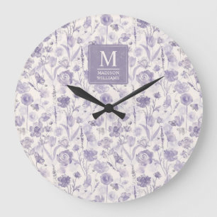 Reloj Redondo Grande Lavanda Morado Aquarela Floral Flores Patrón