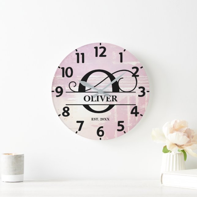 Reloj Redondo Grande Lavanda pálida con problemas de monograma (Hogar)