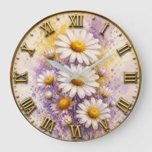 Reloj Redondo Grande Lavender Daisy Watercolor Wildflower Floral Art