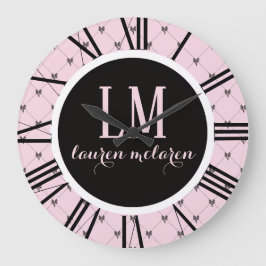 Reloj Redondo Grande Lazo de Monograma Rosa y Negro