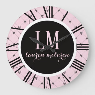 Reloj Redondo Grande Lazo de Monograma Rosa y Negro