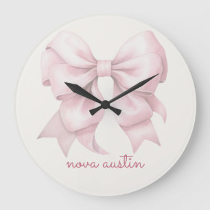 Reloj Redondo Grande Lazo Rosa de Moda Personalizado con Nombre Monogra