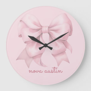 Reloj Redondo Grande Lazo Rosa de Moda Personalizado con Nombre Monogra