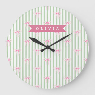 Reloj Redondo Grande Lazo Rosa Personalizado Coquette Preppy con Raya V