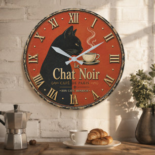 Reloj Redondo Grande Le Chat Noir Café Vintage Black Cat Coffee Decor