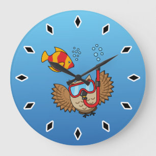 Reloj Redondo Grande Lechuza con máscara de buceo y pescado tropical