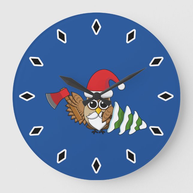 Reloj Redondo Grande Lechuza navidad con hacha y pino nevado (Anverso)