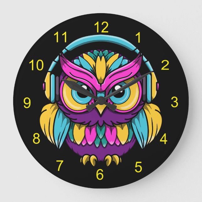Reloj Redondo Grande Lechuza Retro Con Auriculares (Anverso)