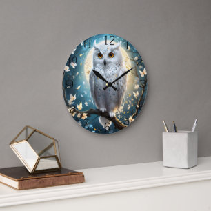 Reloj Redondo Grande Lechuza Y Luna De Nieve Con Espuma,