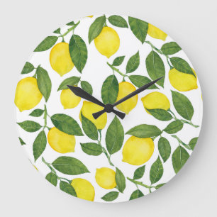 Reloj Redondo Grande Lemones acuarela: Patrón de frutas de verano
