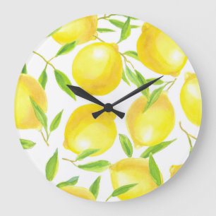 Reloj Redondo Grande Lemones y hojas de acuarela: patrón.