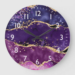 Reloj Redondo Grande Lentejuelas de Purpurina Dorada y Morado Oscuro Ág