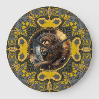Reloj Redondo Grande Leo Zodiac Gold Fractal Mandala Artistic