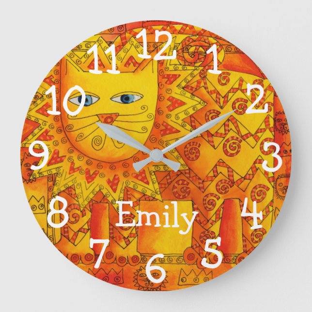 Reloj Redondo Grande León de acuarela estampada con nombre personalizad (Anverso)